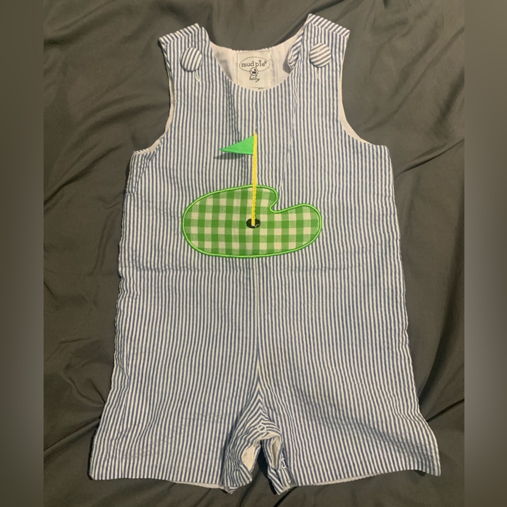 Boys Mud Pie Seersucker Romper John-John, 12-18 months